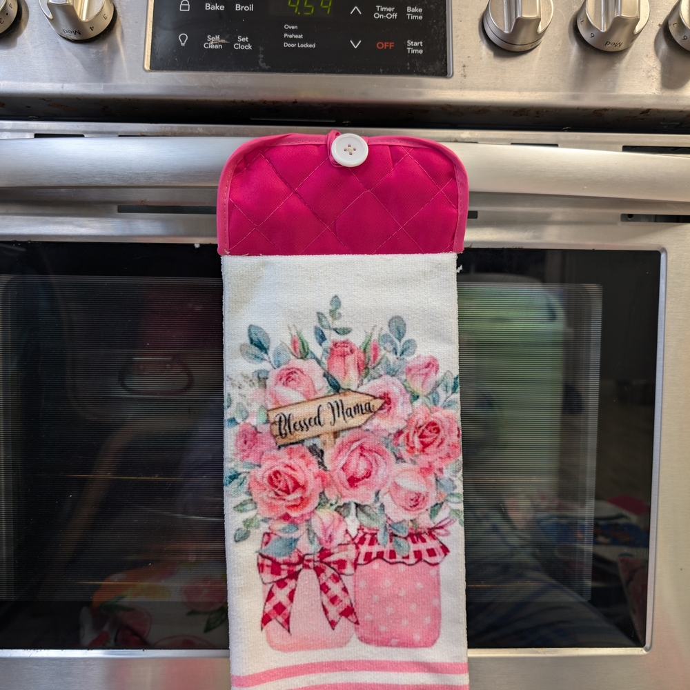 Floral Kitchen Towel with Pink Accents